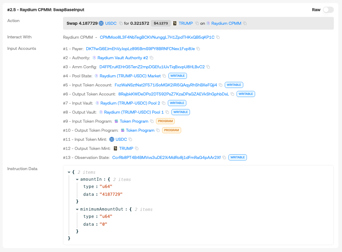 SwapBaseInput instruction (data source: solscan.io)
